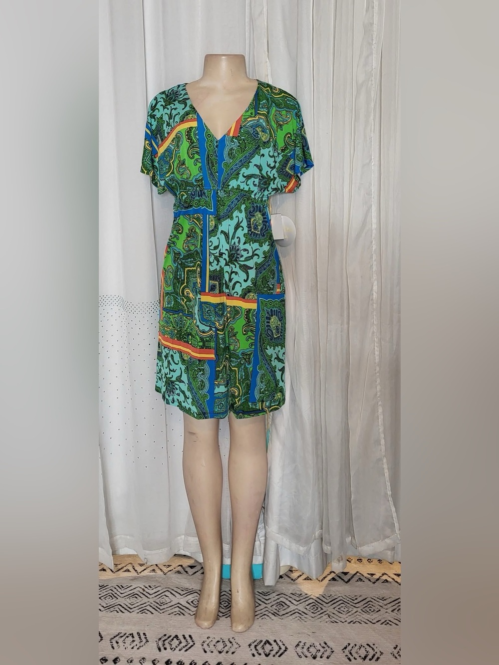 Emma & Michele Green Blue Paisley Midi Dress with Orange Accents